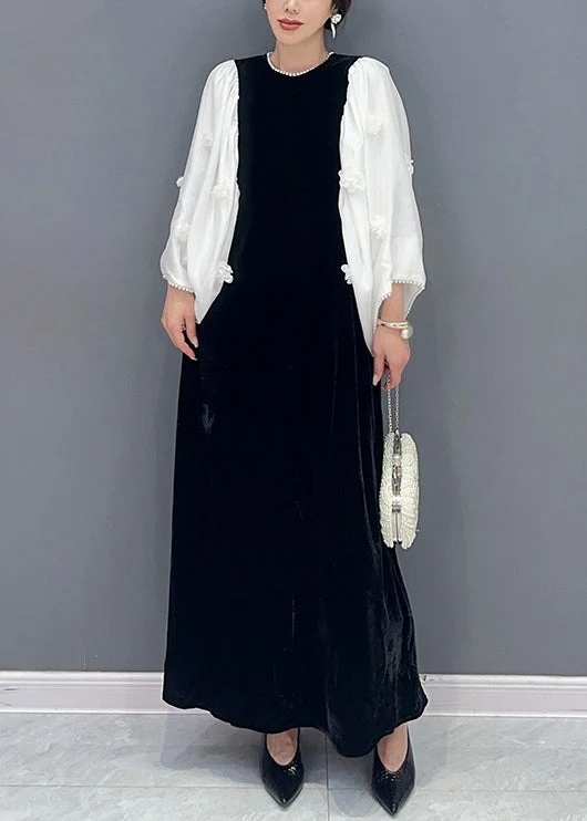 Handmade Black Pockets Pearl Patchwork Silk Velour Long Dress Fall - Image 2
