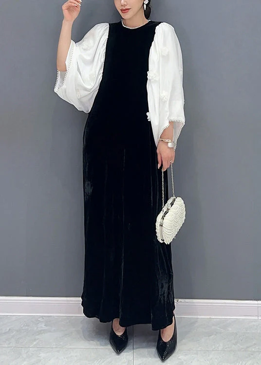 Handmade Black Pockets Pearl Patchwork Silk Velour Long Dress Fall - Image 3