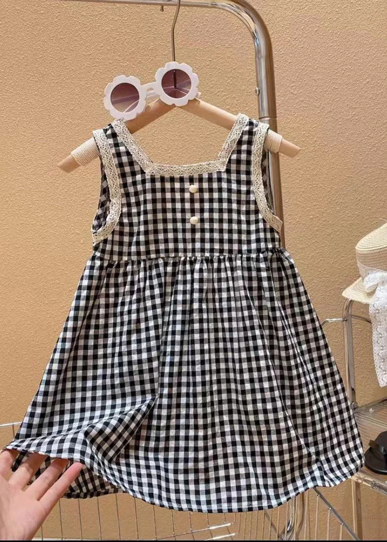 Handmade Black Square Collar Plaid Lace Patchwork Cotton Kids Mid Dress Sleeveless - Image 2