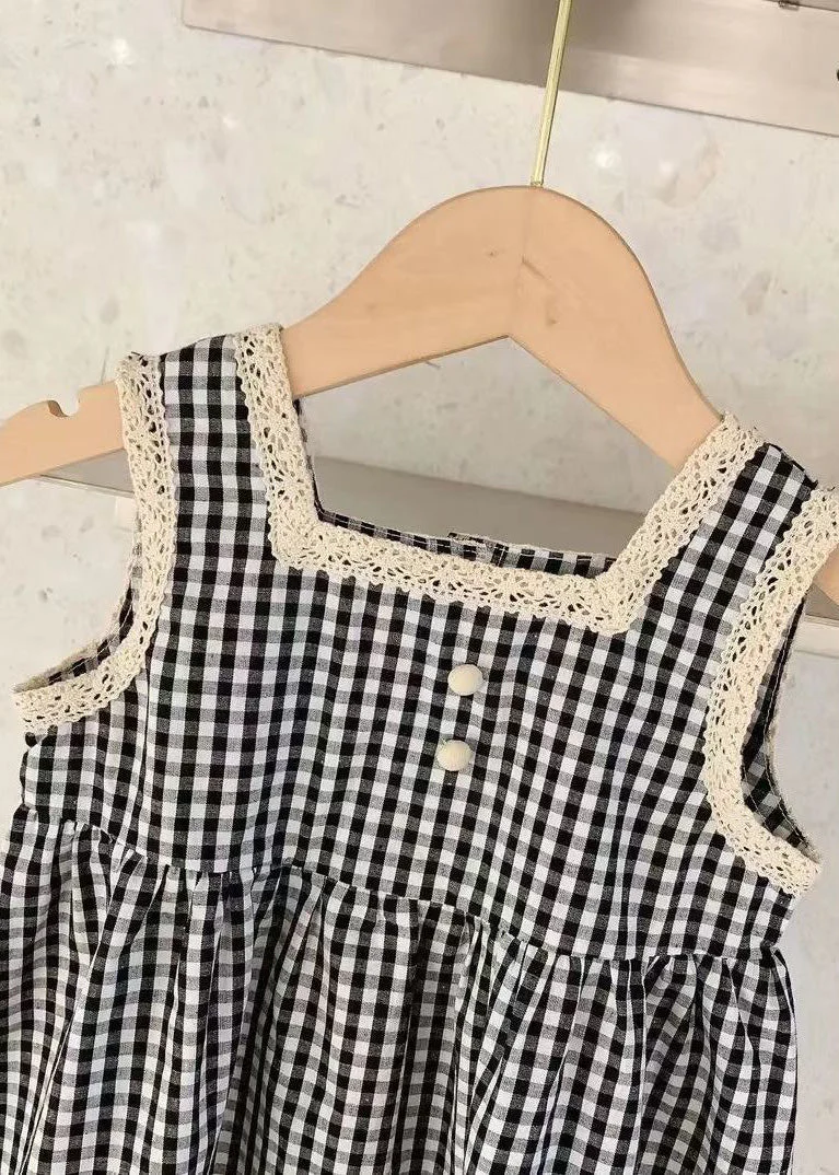 Handmade Black Square Collar Plaid Lace Patchwork Cotton Kids Mid Dress Sleeveless - Image 3