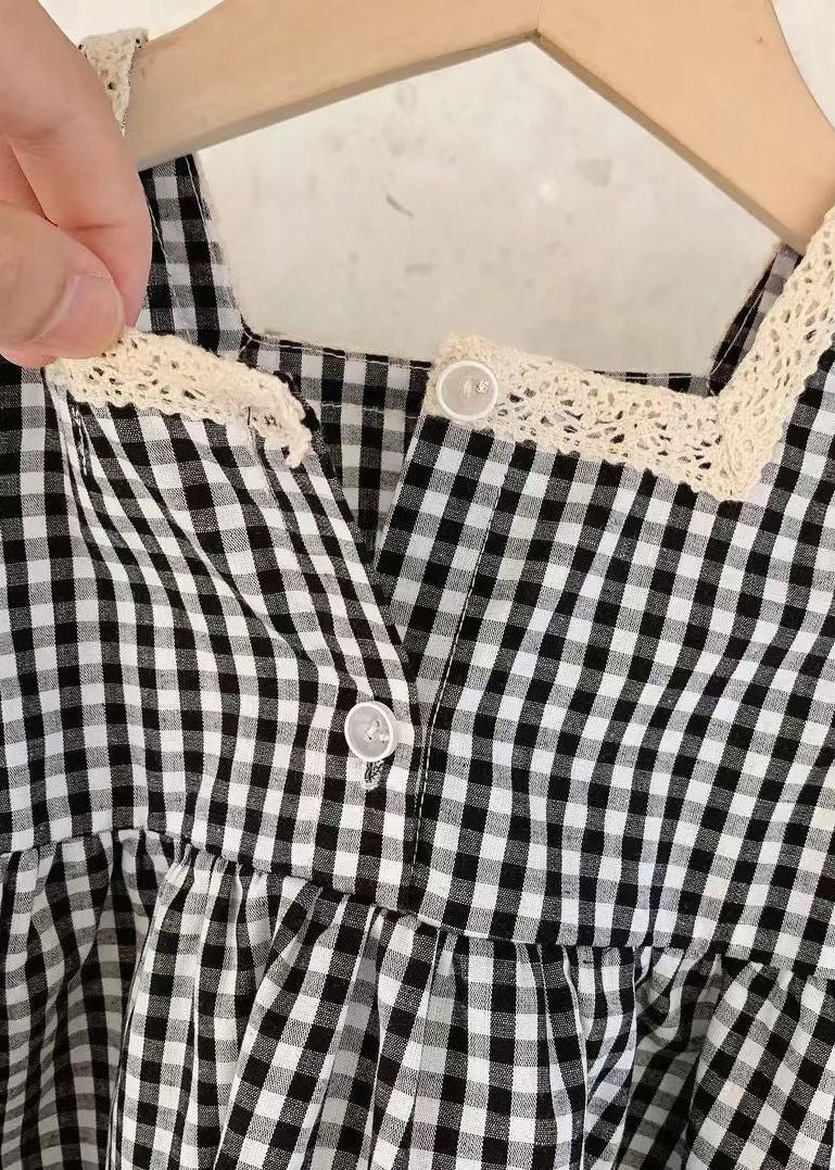 Handmade Black Square Collar Plaid Lace Patchwork Cotton Kids Mid Dress Sleeveless - Image 4
