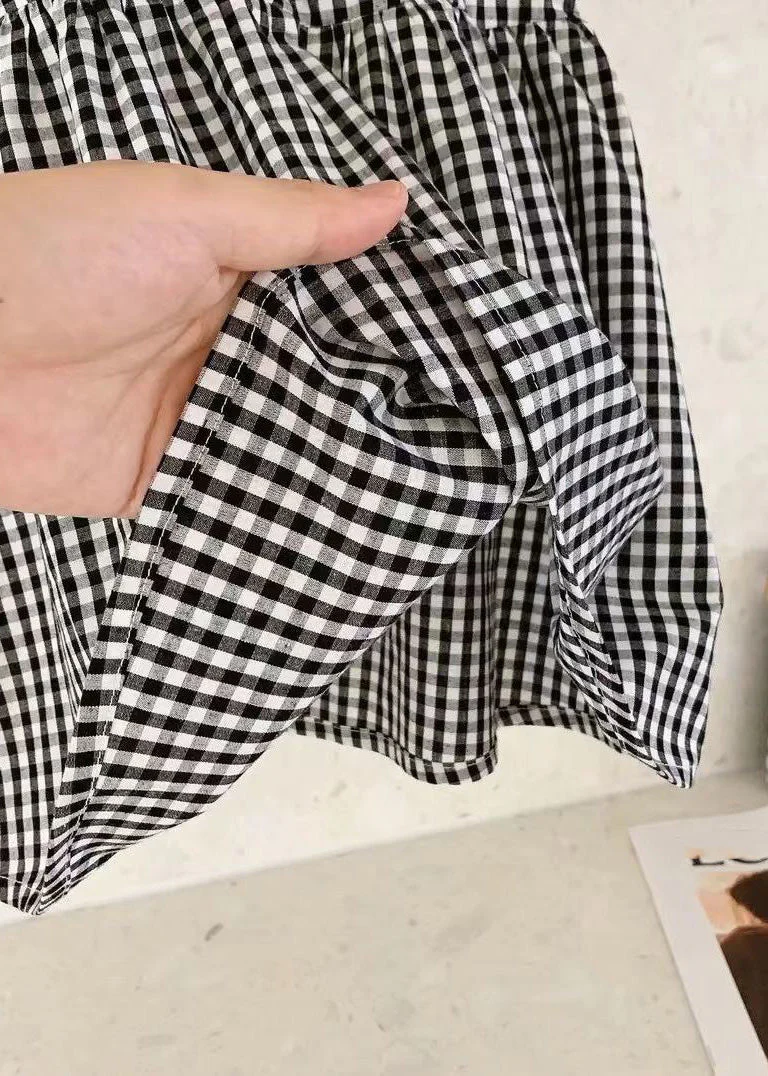 Handmade Black Square Collar Plaid Lace Patchwork Cotton Kids Mid Dress Sleeveless - Image 5