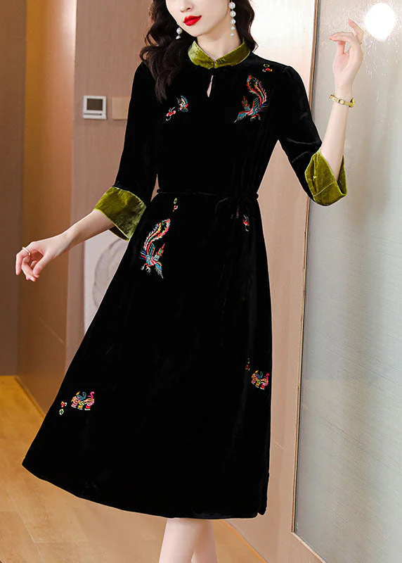 Handmade Black Stand Collar Embroidered Pockets Silk Velour Long Dresses Long Sleeve - Image 2