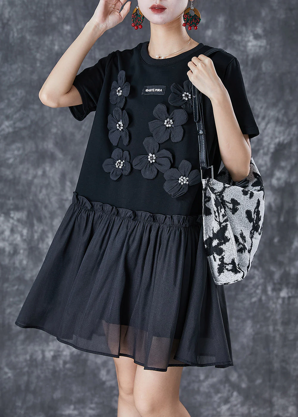 Handmade Black Stereoscopic Flower Patchwork Cotton Dresses Summer - Image 2