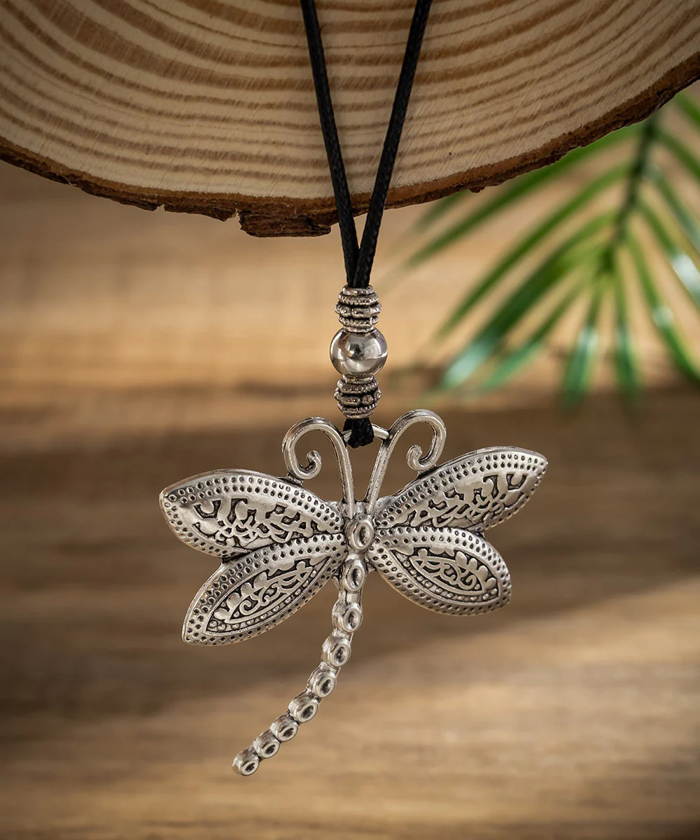 Handmade Black Sterling Silver Wax Line Dragonfly Adjustable Pendant Necklace - Image 2
