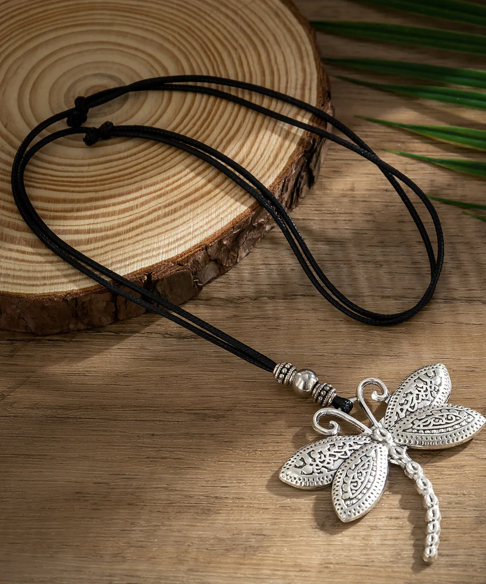 Handmade Black Sterling Silver Wax Line Dragonfly Adjustable Pendant Necklace - Image 4