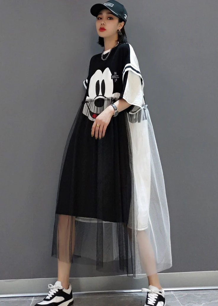 Handmade Black Tulle Patchwork Dress Short Sleeve - Image 3