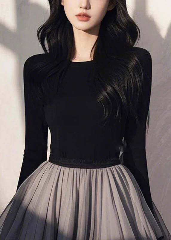 Handmade Black Tulle Patchwork Wrinkled Long Dress Spring - Image 2