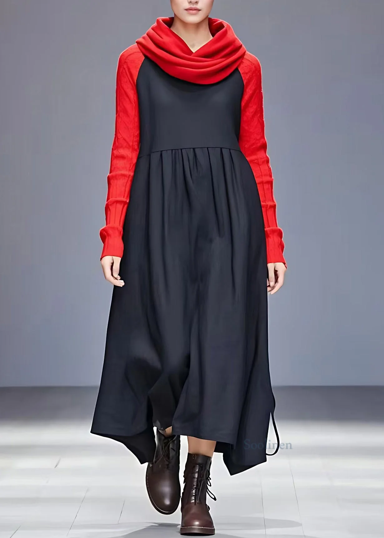 Handmade Black Turtleneck Patchwork Long Dresses Long Sleeve - Image 2