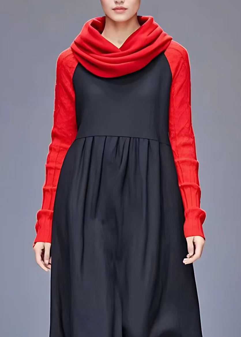 Handmade Black Turtleneck Patchwork Long Dresses Long Sleeve - Image 3