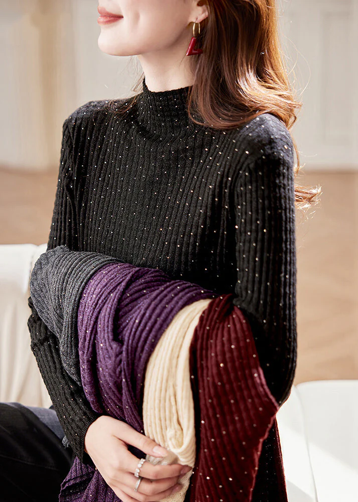 Handmade Black Turtleneck Zircon Knit Sweater Winter