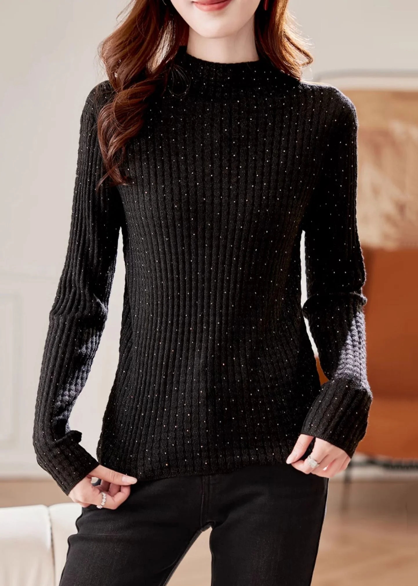 Handmade Black Turtleneck Zircon Knit Sweater Winter - Image 2