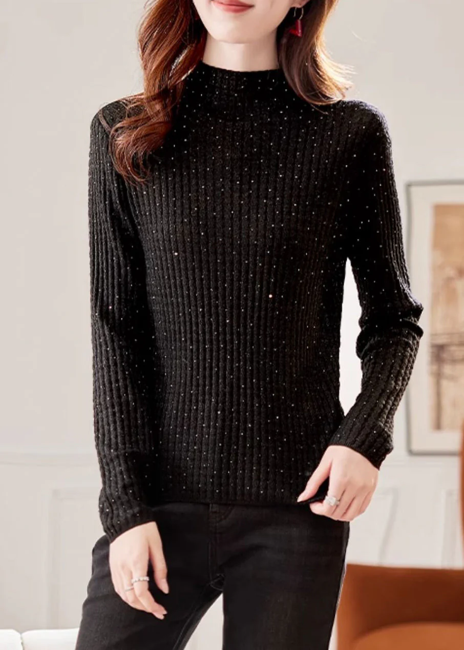 Handmade Black Turtleneck Zircon Knit Sweater Winter - Image 3