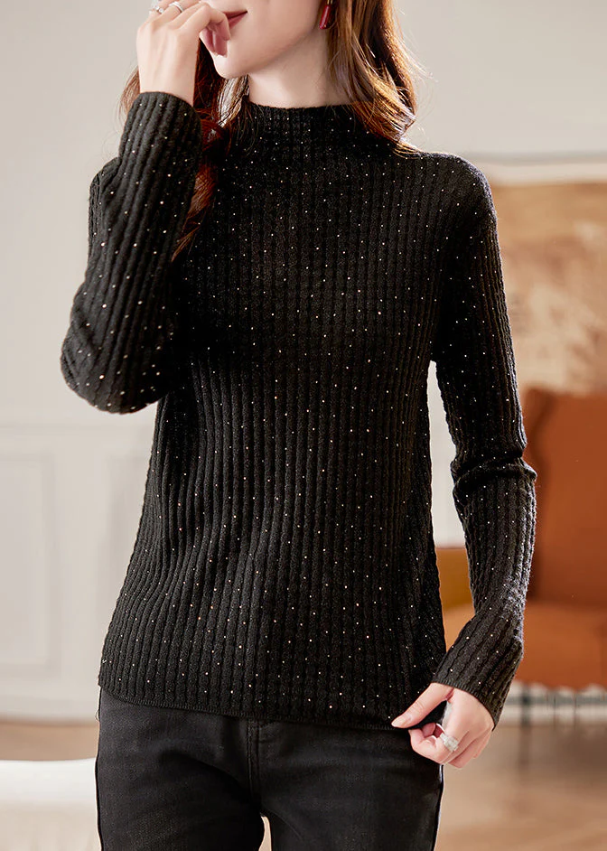 Handmade Black Turtleneck Zircon Knit Sweater Winter - Image 4