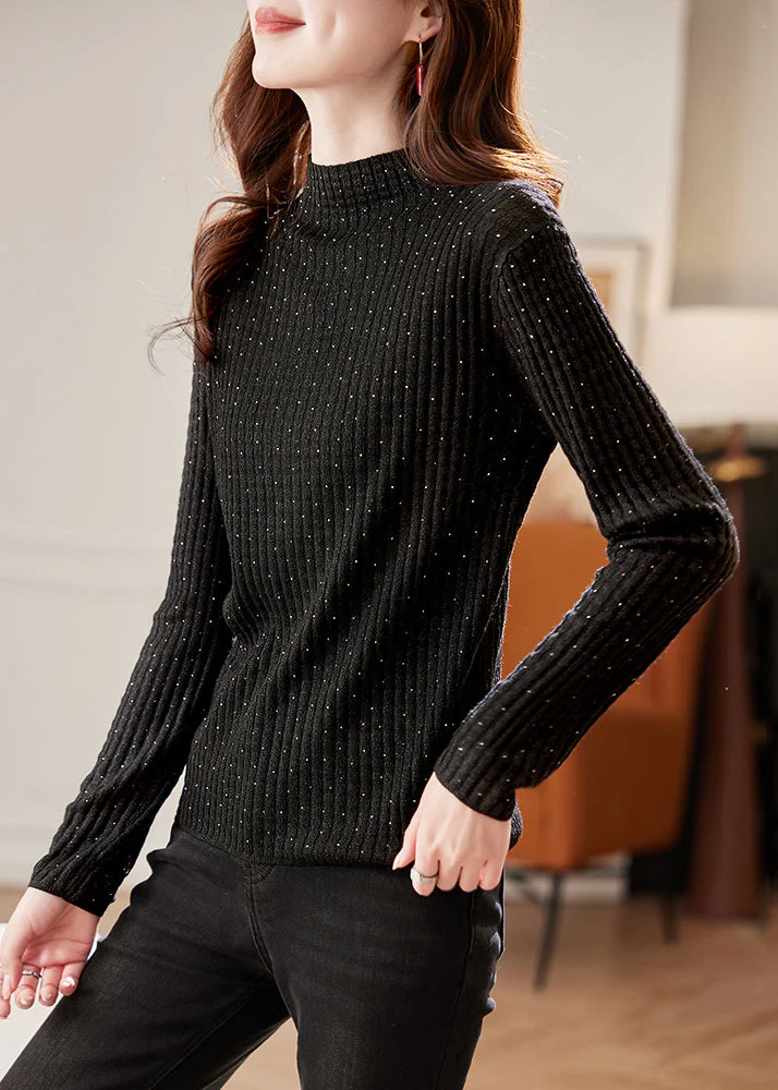 Handmade Black Turtleneck Zircon Knit Sweater Winter - Image 5