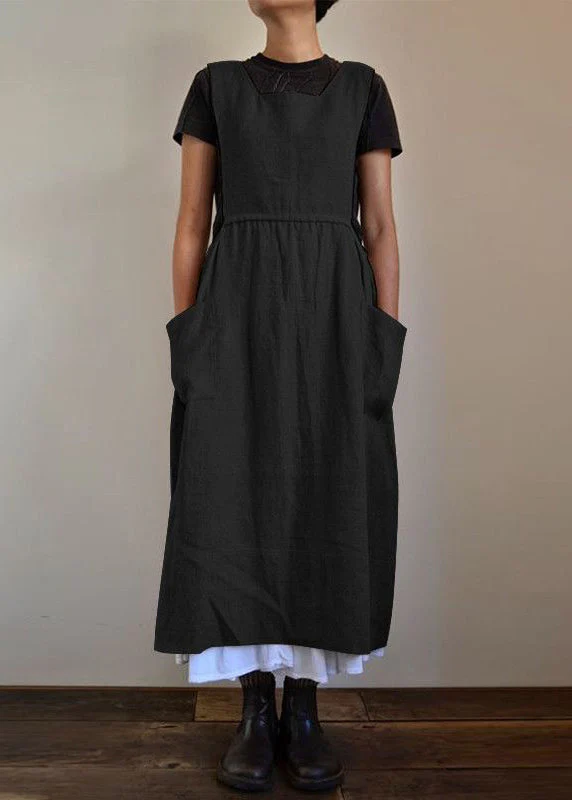 Handmade Black U NeckU Neck Patchwork Pockets Maxi Dresses Summer