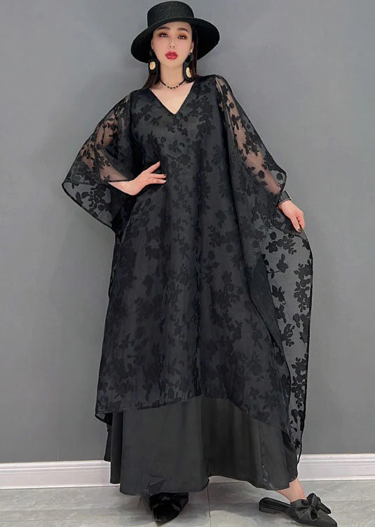Handmade Black V Neck Embroideried Asymmetrical Design Silk Tulle Long Dress Batwing Sleeve - Image 2