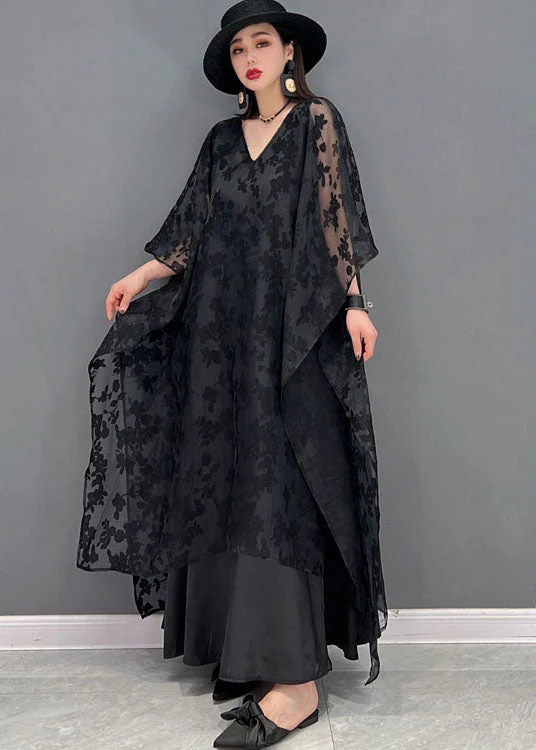 Handmade Black V Neck Embroideried Asymmetrical Design Silk Tulle Long Dress Batwing Sleeve - Image 3