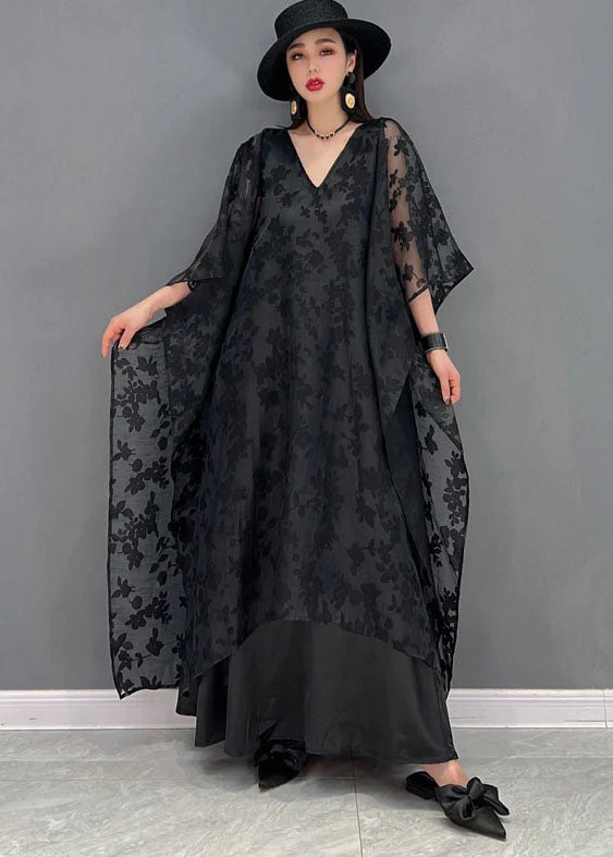 Handmade Black V Neck Embroideried Asymmetrical Design Silk Tulle Long Dress Batwing Sleeve - Image 4