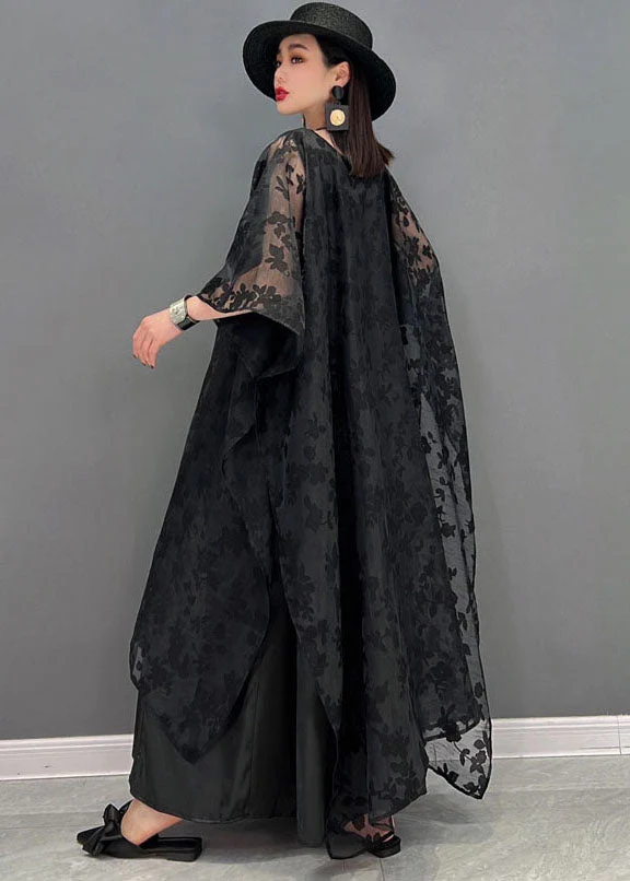 Handmade Black V Neck Embroideried Asymmetrical Design Silk Tulle Long Dress Batwing Sleeve - Image 5