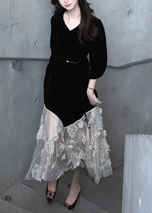 Handmade Black V Neck Floral Tulle Patchwork Silk Velvet Long Dress Bracelet Sleeve