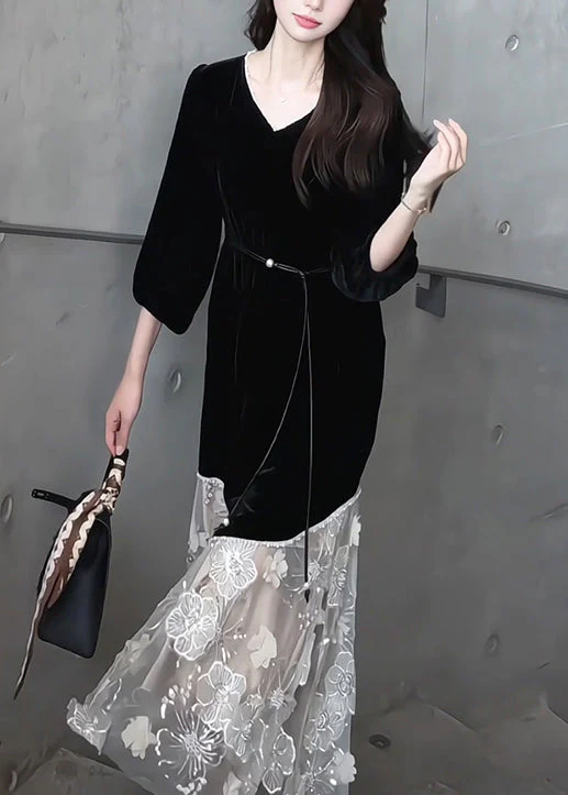 Handmade Black V Neck Floral Tulle Patchwork Silk Velvet Long Dress Bracelet Sleeve - Image 2