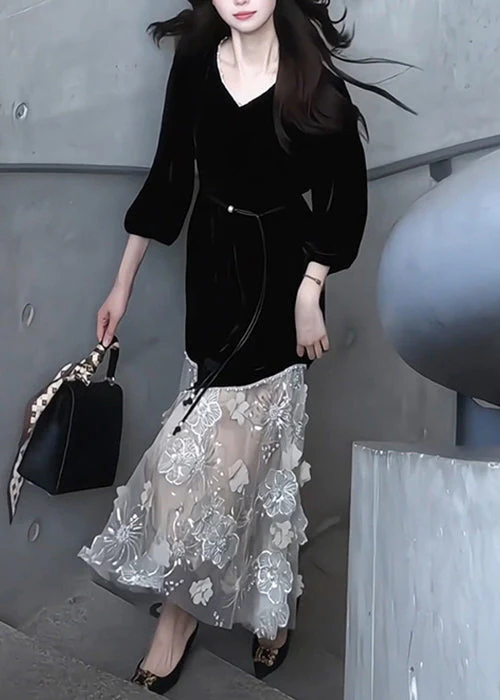 Handmade Black V Neck Floral Tulle Patchwork Silk Velvet Long Dress Bracelet Sleeve - Image 3