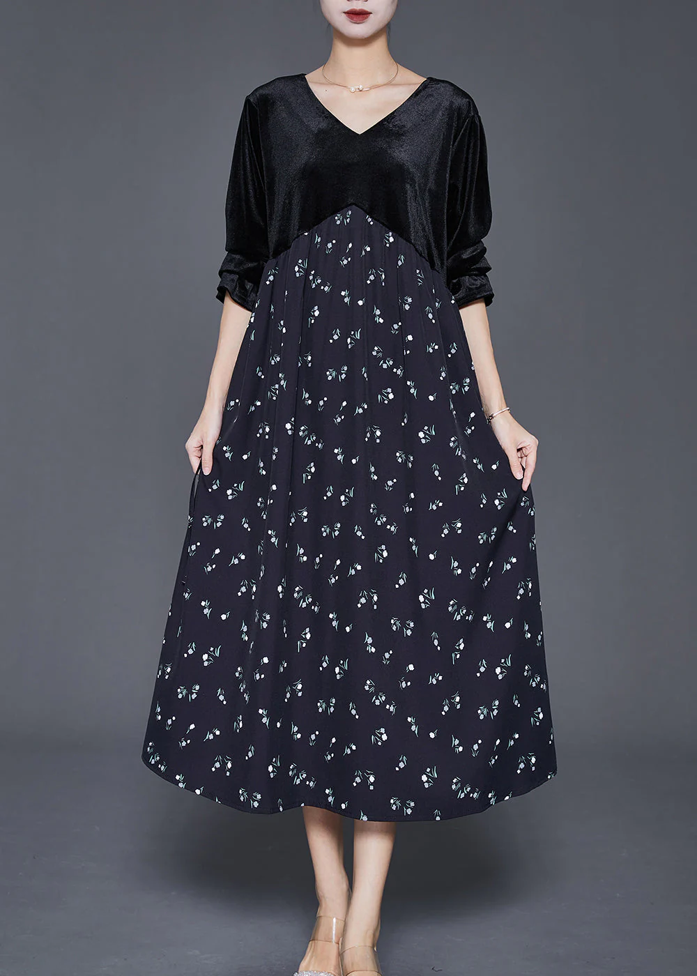 Handmade Black V Neck Patchwork Print Silk Velour Dress Fall - Image 2
