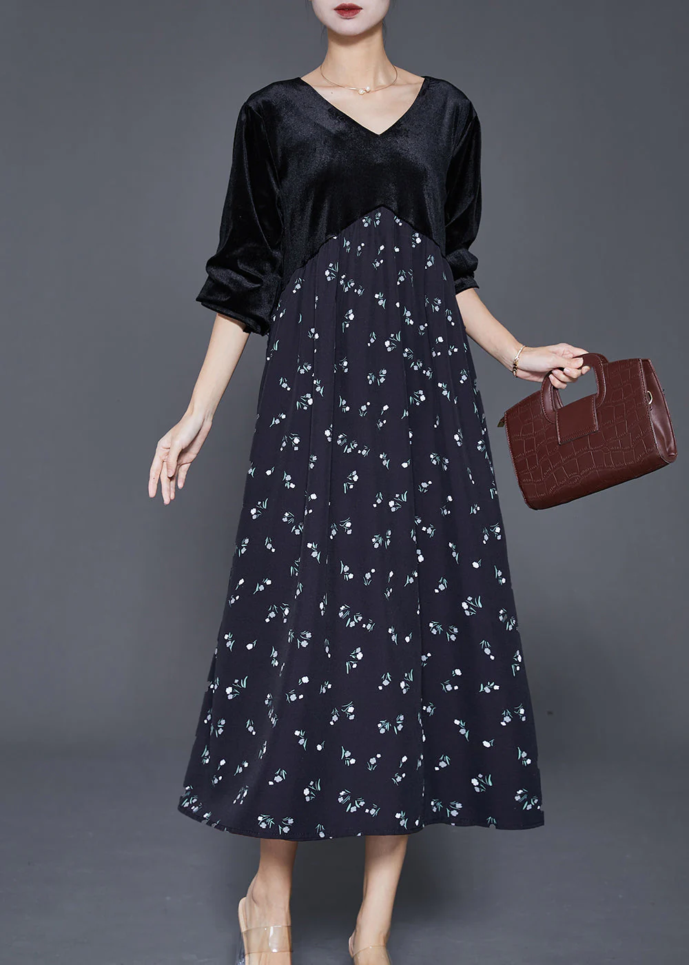 Handmade Black V Neck Patchwork Print Silk Velour Dress Fall - Image 3