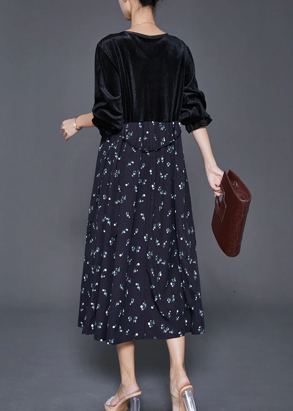 Handmade Black V Neck Patchwork Print Silk Velour Dress Fall - Image 4