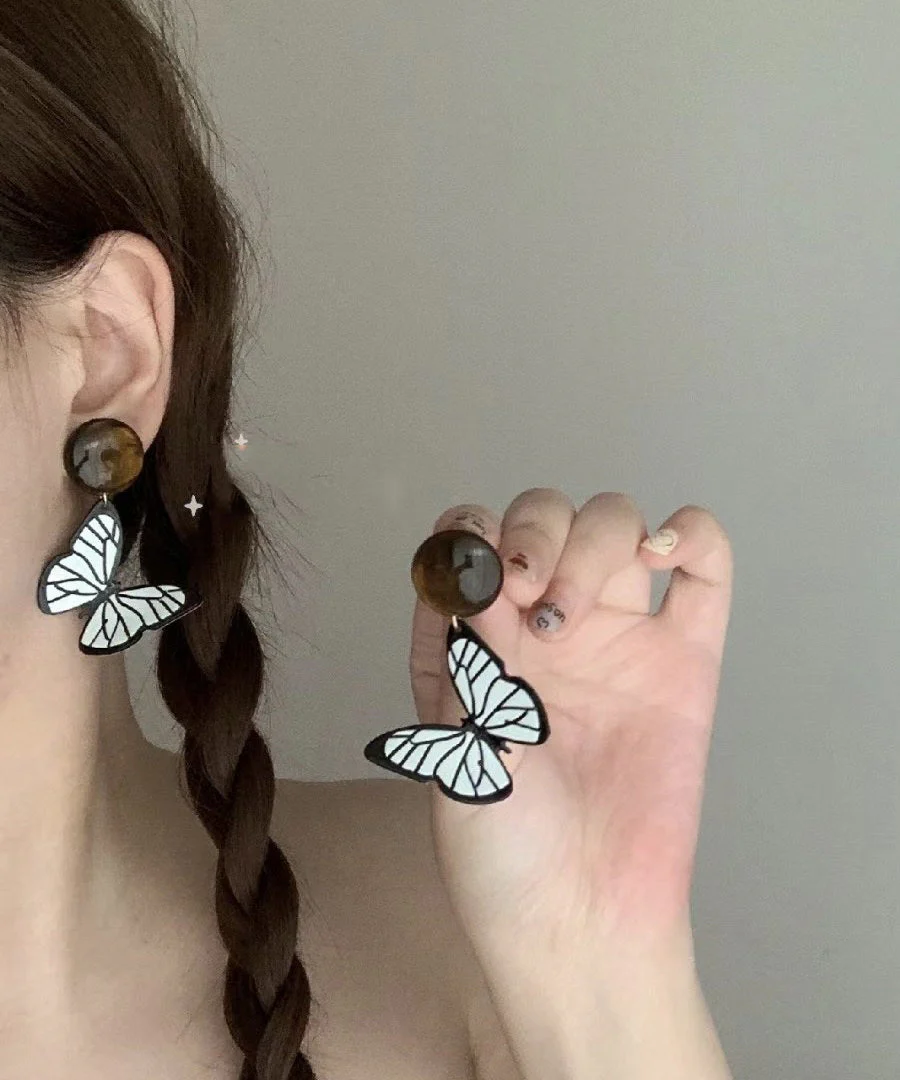 Handmade Black White Acrylic Alloy Resin Butterfly Drop Earrings - Image 5