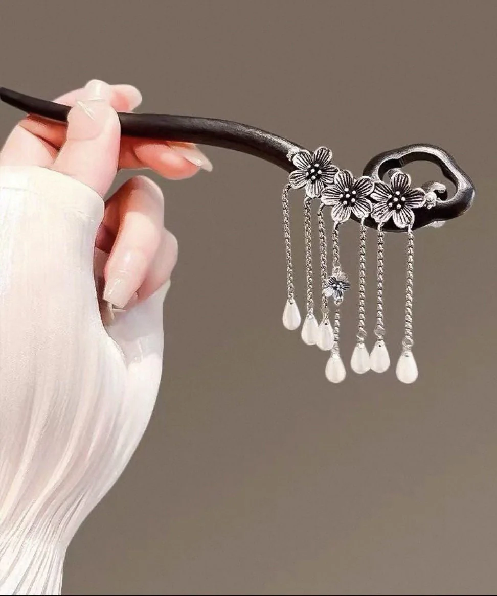 Handmade Black Wooden Three Plum Blossoms Tassel Hairpin - Image 3