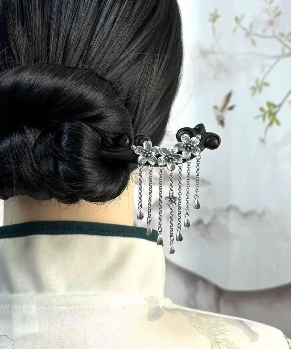 Handmade Black Wooden Three Plum Blossoms Tassel Hairpin - Image 4
