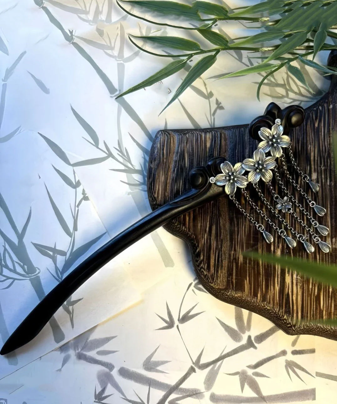 Handmade Black Wooden Three Plum Blossoms Tassel Hairpin - Image 5