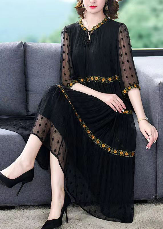 Handmade Black Wrinkled Embroideried Patchwork Silk Dress Summer - Image 2