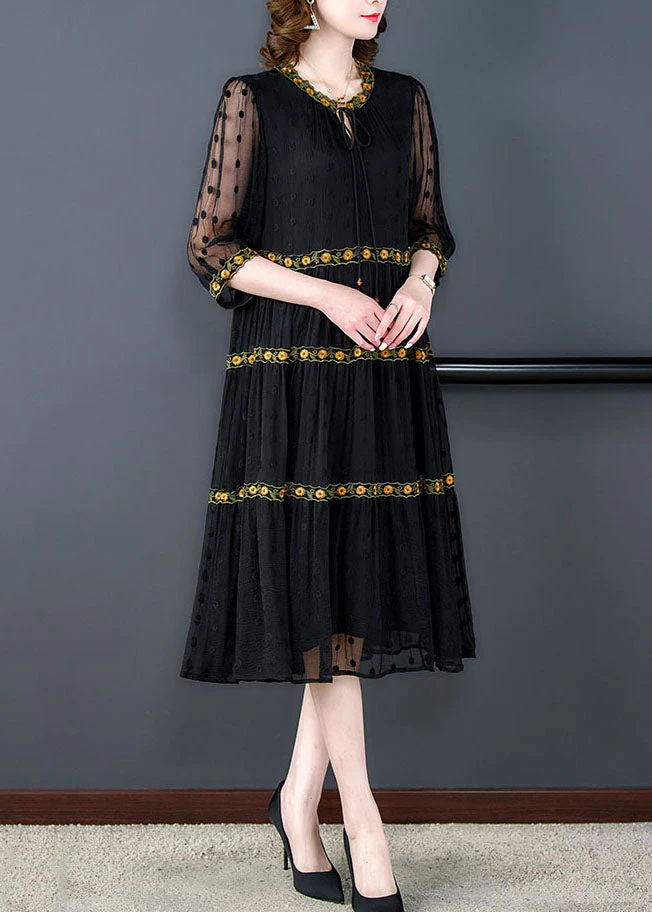 Handmade Black Wrinkled Embroideried Patchwork Silk Dress Summer - Image 3