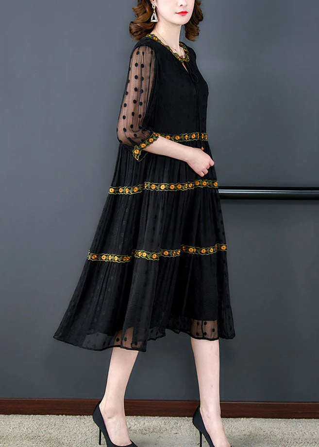 Handmade Black Wrinkled Embroideried Patchwork Silk Dress Summer - Image 4