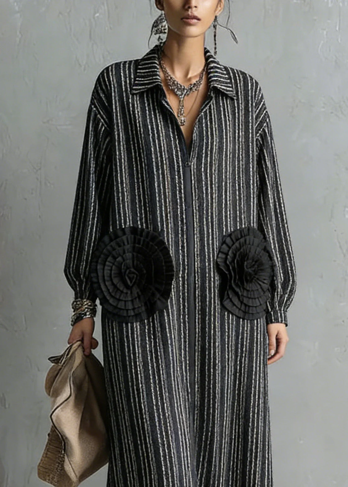 Handmade Black Zip Up Striped Floral Cotton Dresses Spring - Image 2