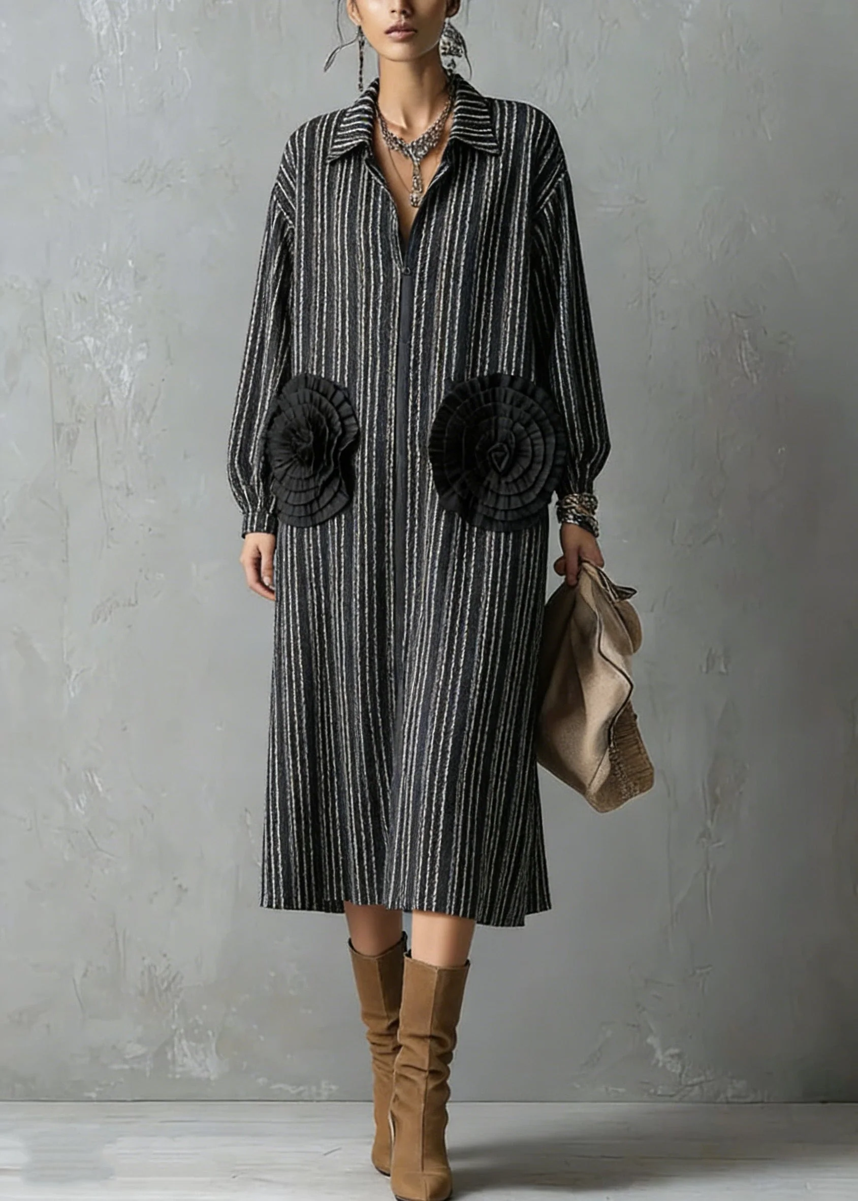 Handmade Black Zip Up Striped Floral Cotton Dresses Spring - Image 3