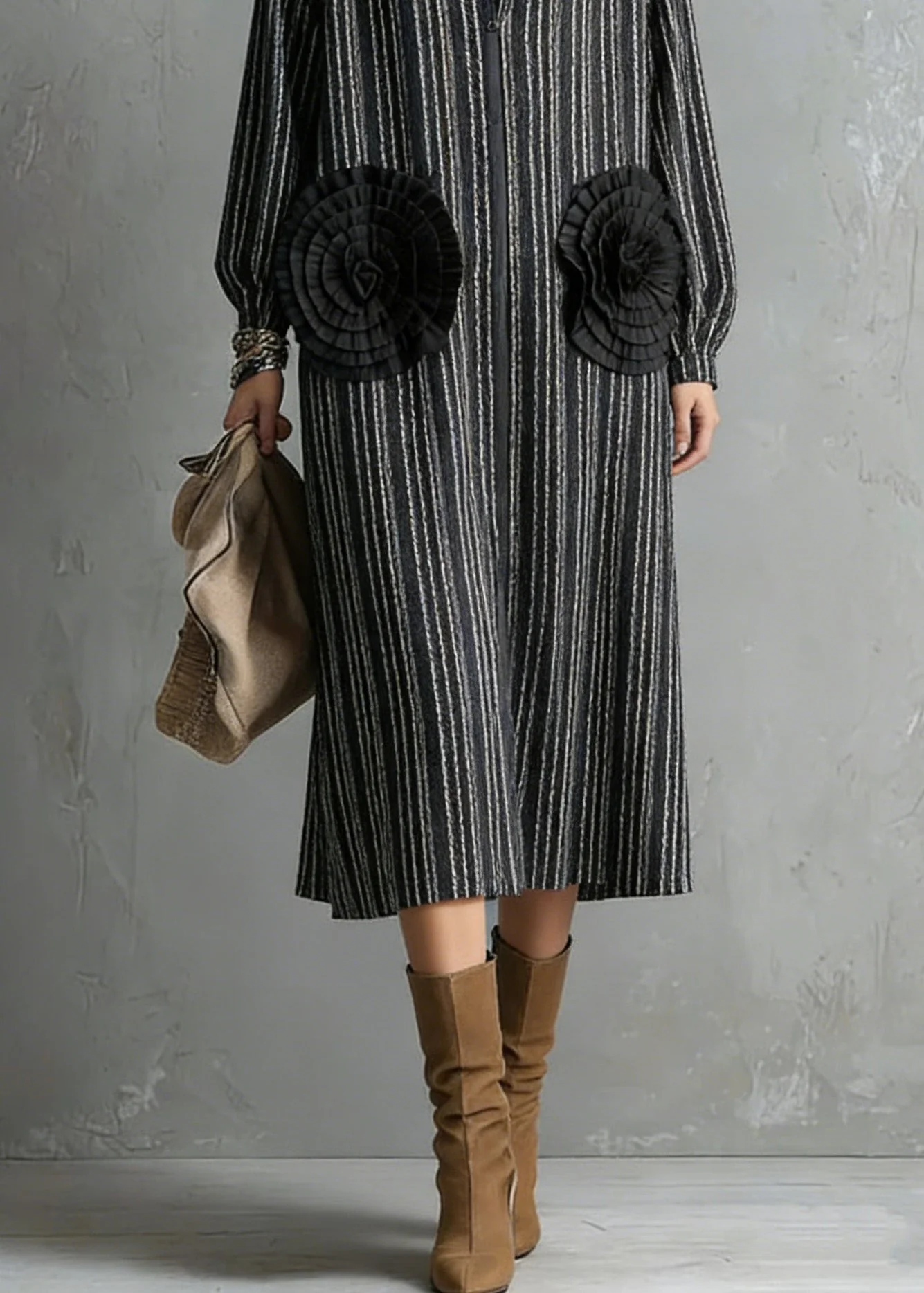 Handmade Black Zip Up Striped Floral Cotton Dresses Spring - Image 4