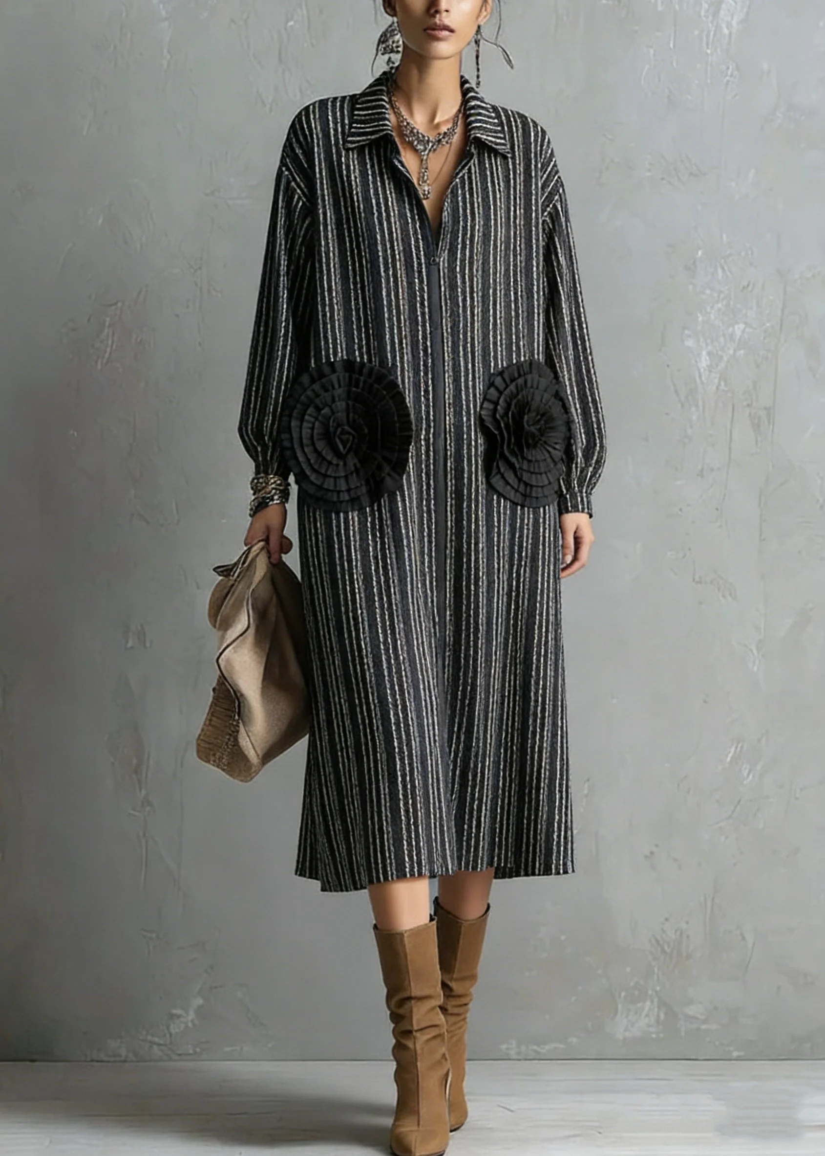 Handmade Black Zip Up Striped Floral Cotton Dresses Spring - Image 5