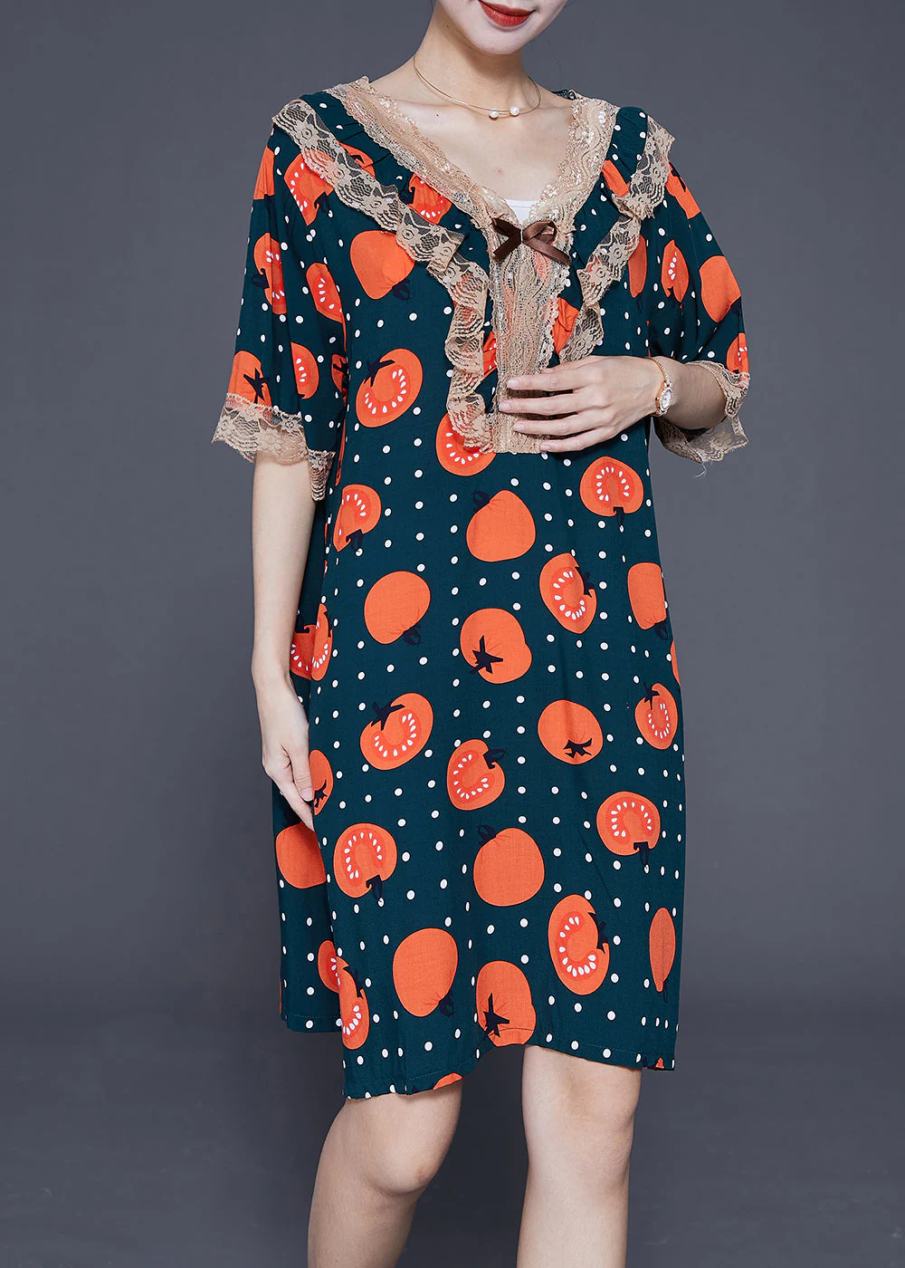 Handmade Blackish Green Print Patchwork Cotton Robe Dresses Summer - Image 3