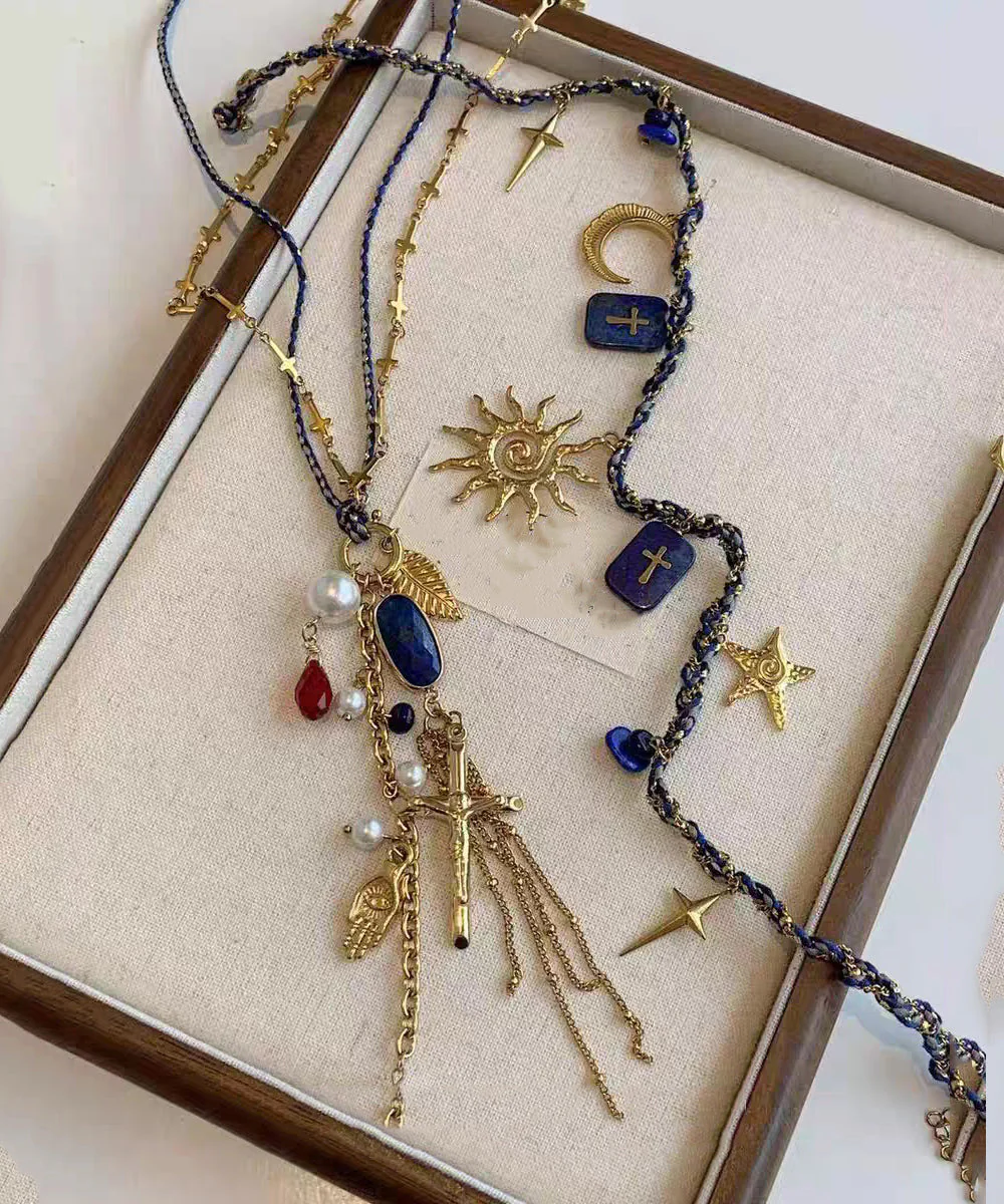 Handmade Blue Alloy Weave Lapis Lazuli Sun Pendant Necklace Two-Piece Set - Image 2