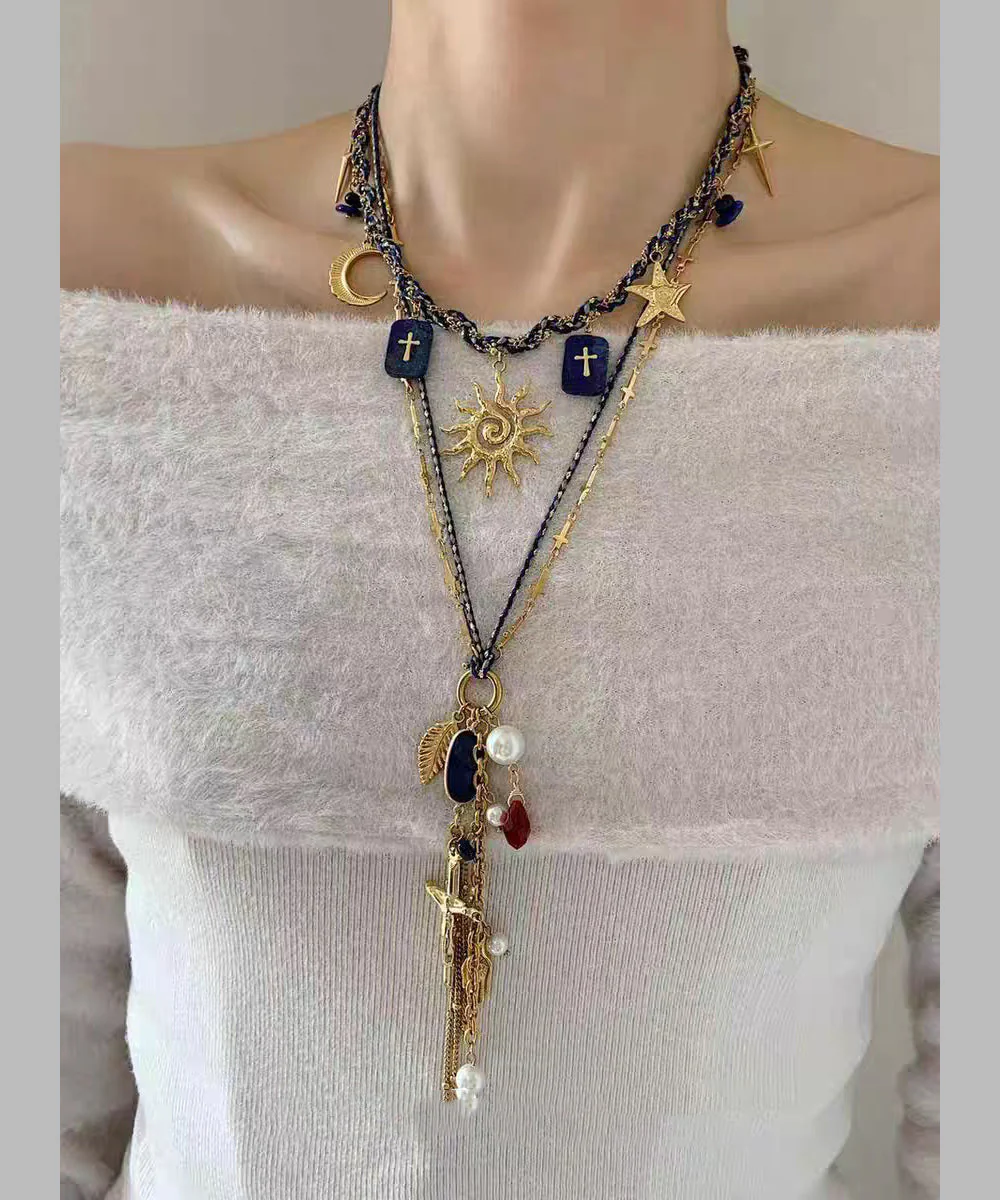 Handmade Blue Alloy Weave Lapis Lazuli Sun Pendant Necklace Two-Piece Set - Image 3