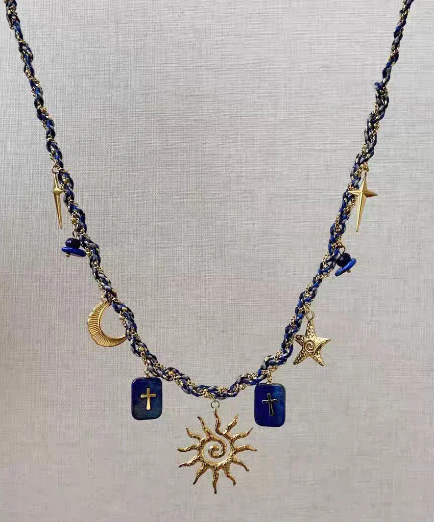 Handmade Blue Alloy Weave Lapis Lazuli Sun Pendant Necklace Two-Piece Set - Image 4