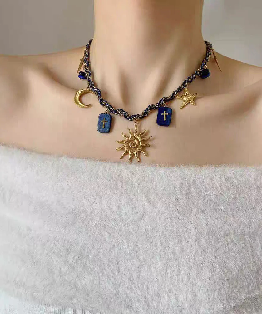 Handmade Blue Alloy Weave Lapis Lazuli Sun Pendant Necklace Two-Piece Set - Image 5