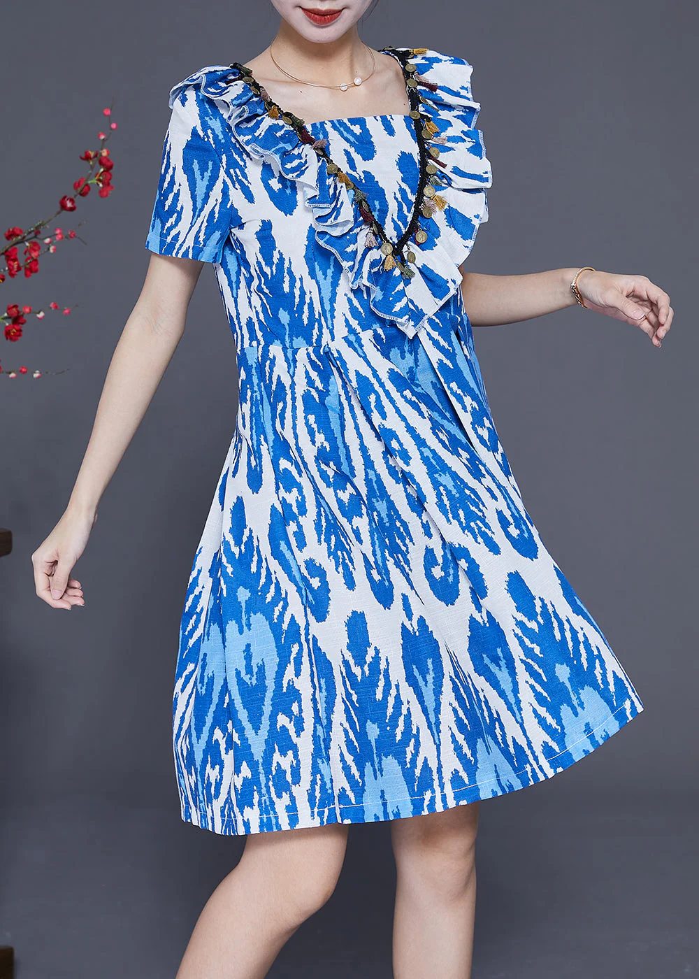 Handmade Blue Cinched Print Linen Vacation Dress Summer - Image 2