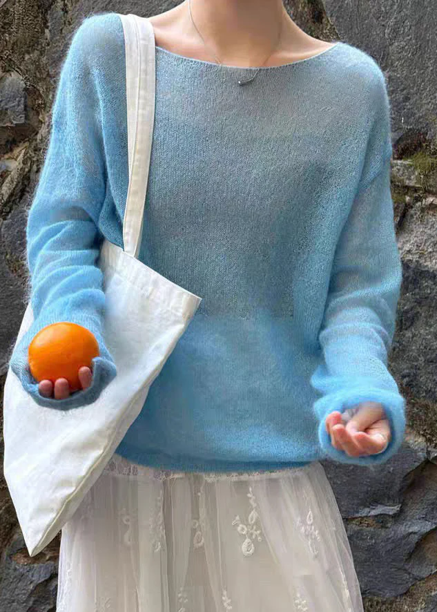 Handmade Blue Cozy Ma Hai Mao Solid Knit Tops Spring - Image 2
