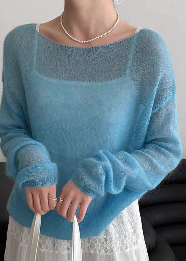 Handmade Blue Cozy Ma Hai Mao Solid Knit Tops Spring - Image 4