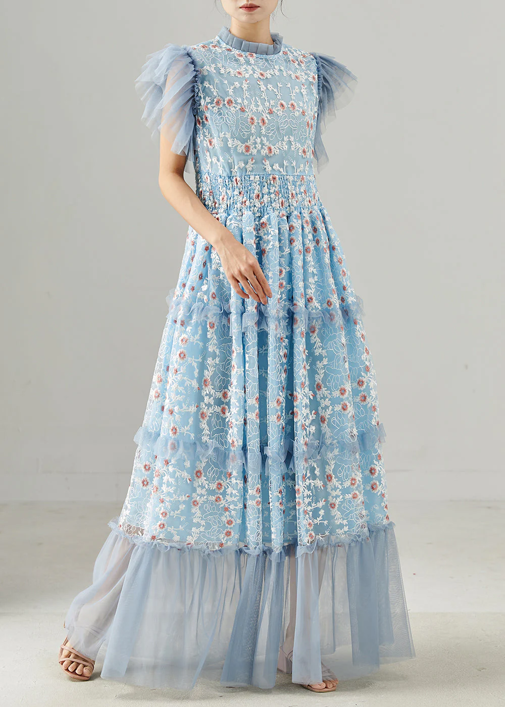 Handmade Blue Embroidered Patchwork Tulle Dress Summer - Image 2
